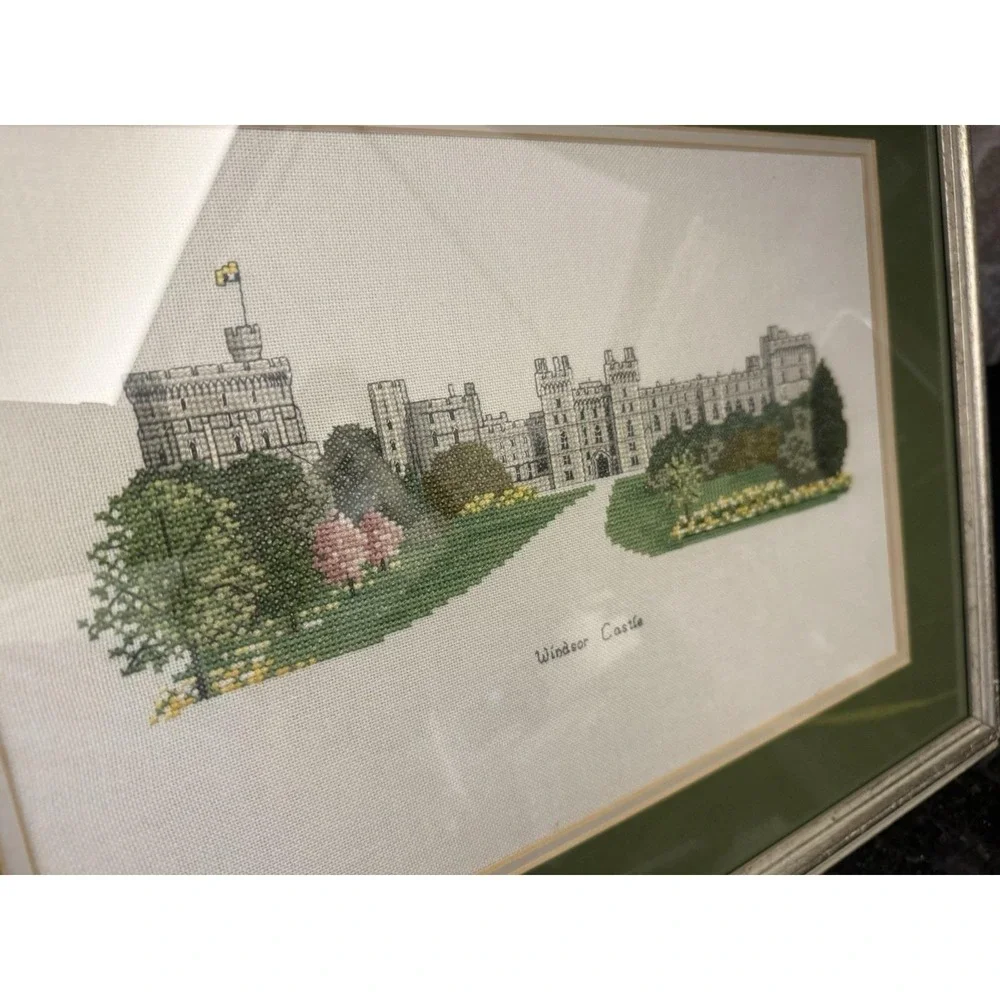 Vintage Framed Cross Stitch Windsor Castle 16x21 Wall Art‎ UK Cottagecore